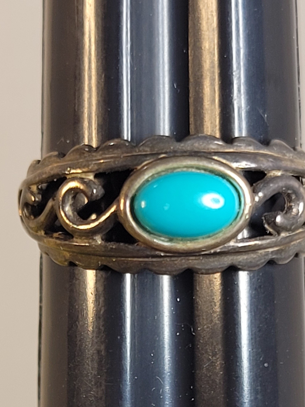 Vintage SHUBE New Mexico Sterling & Blue Turquoise Filigree Ring - Sz 5.75 (T)